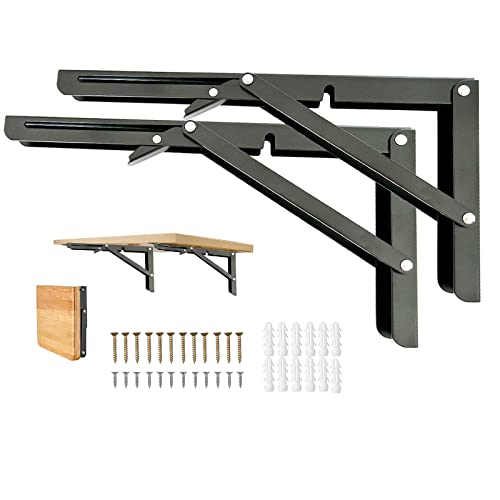 Folding Shelf Brackets, 16 Inch 2 Pcs Heavy Duty Shelf Brackets, Collapsible Brackets for Foldable Shelf, Bench Table, Wall Mounted Folding Table Brackets Space-Saving