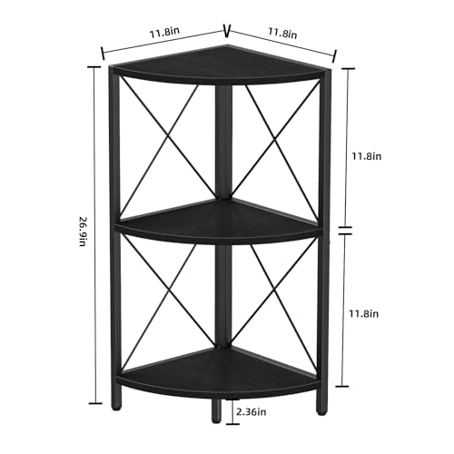 Corner Shelf with Metal Frame, 3 Tier Corner Storage Organizer, Freestanding Corner Bookshelf Stand Display Rack for Kitchen, Living Room, Black - view 3