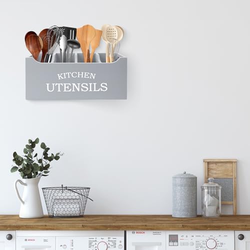 Kitchen Utensil Holder with Drainage Bottom, Extra Large 4 Compartments Solid Real Wood Utensil Organizer for Kitchen Counter, Farmhouse Cooking Tools Storage for Countertop, Grey - view 3