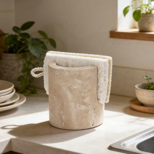 Natural Travertine Sponge Holder for Kitchen Sink w A Plant-Based Sponge