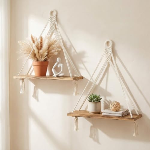 Macrame Hanging Shelves Boho Wall Decor Set of 2 Floating Wood Shelf - view 6
