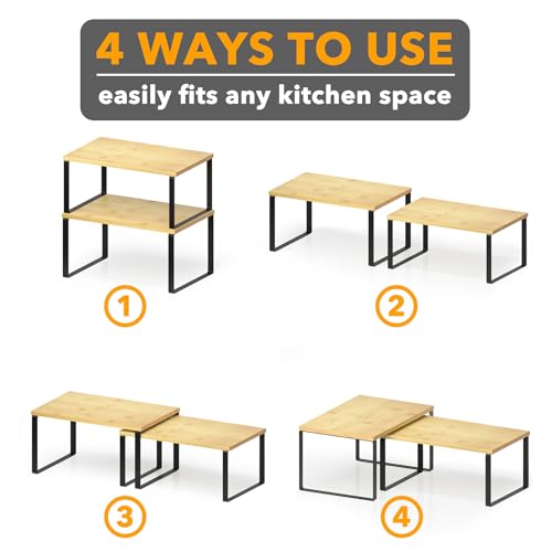 Cabinet Shelf Organizers 2 Pack, Kitchen Counter Rack Shelves Riser, Stackable Expandable Spice Rack, Pantry Cupboard Storage Organization (Black and Natural, Short) - view 6