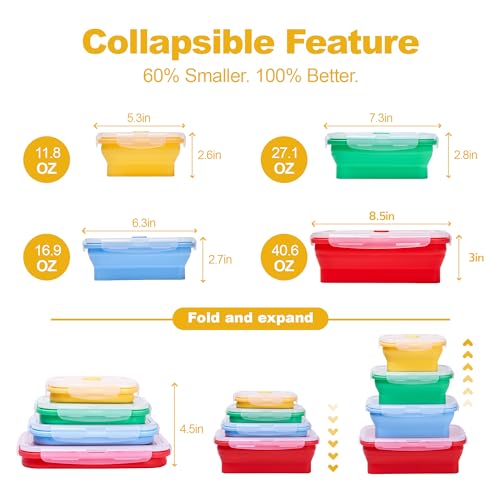 Set of 4 Collapsible Silicone Food Storage Container, Leftover Meal box For Kitchen, Bento Lunch Boxes, BPA Free, Microwave, Dishwasher and Freezer Safe. Foldable Design Saves Your Space. - view 2