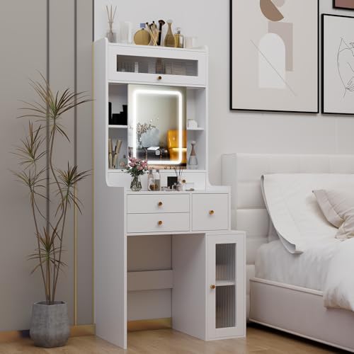 White Mini Vanity Desk with Sliding Mirror Lights and 5 Drawers - view 6