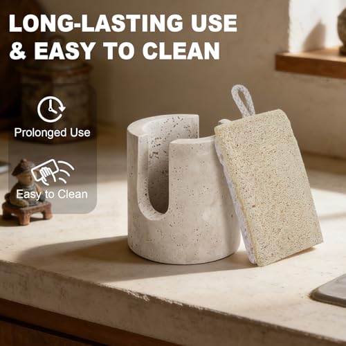 Natural Travertine Sponge Holder for Kitchen Sink w A Plant-Based Sponge - view 4