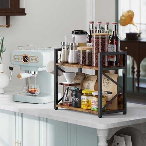 2 Tier Kitchen Counter Shelf Organizer, Coffee Bar Station Organizer for Countertop，Space Saving Spice Rack, Desk Shelf Riser, Coffee Bar Accessories(Rustic Brown, Medium) - view 3
