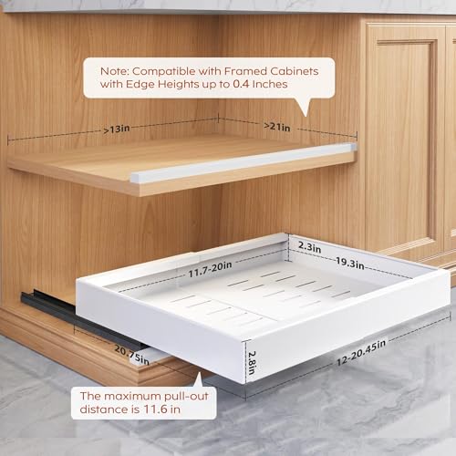 2 Pack Pull Out Cabinet Organizers 21"Deep with Raising Pad for Framed Cabinets,Expandable Slide Out Drawers Upgrade 3 Slide Rails,Roll Out Shelves Adhesive,Adjustable Width 12"-20.45" White - view 2