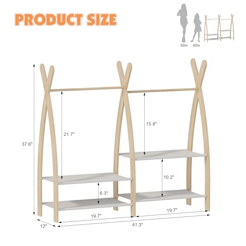 Small Kid Clothing Rack Wood Montessori Garment Rack for Toddler Baby Wardrobe Closet Compact Dress Up Storage Organizer Hanging Rod with Basket for Costume Princess Skirt Coat Bedroom Nursery - view 2
