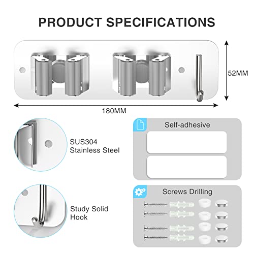 Wall Mount Mop and Broom Holder, Heavy Duty Stainless Steel Organizer Rack with Hooks | 2-Pack, 2-in-1 No Drill & Screw Installation, Silver - view 5