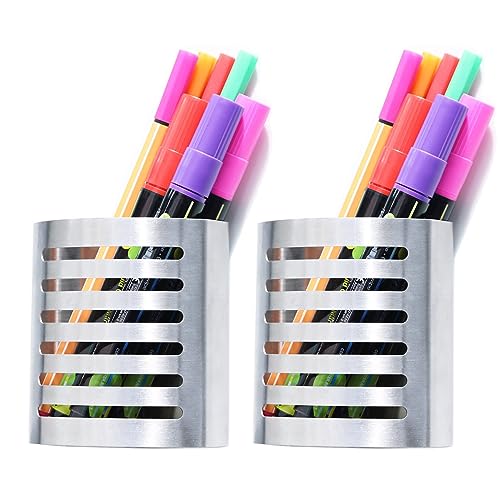 2 Pack Magnetic Modern Pen and Pencil Holder, Metal Writing Utensil Storage Organizer for Kitchen, Locker, Home, or Office, 3.25" x 1.75" x 3.50", Brushed Stainless Steel