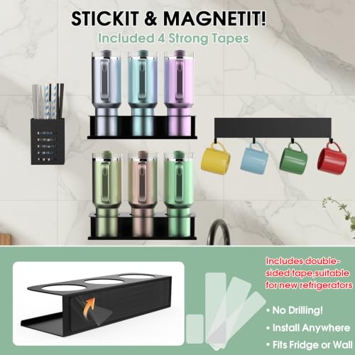 4 Pack Magnetic Cup Holder for Refrigerator, Water Bottle Organizer for Stanley and Tumbler, Accessory with Lid Hook Straw Holder and Double Sided Tape for Kitchen Fridge Cabinet - view 2