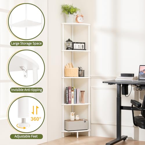 Corner Shelf Stand, 5-Tier Bookshelf, 65" Tall Shelves for Bedroom, Living Room, Narrow Display Shelf Bookcase, White Book Shelf with Display Shelves for Office - view 3