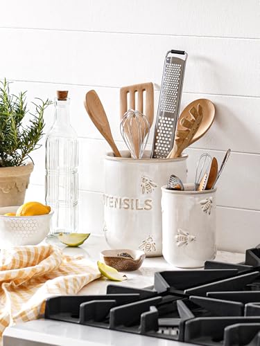 Kitchen Utensil Holder Set of 2 - 6.9"+5.3" Large Ceramic Cooking Utensil Crock & Organizer for Spatula, Spoon, Whisk - Farmhouse Countertop Storage, Arctic White, Embossed, Bee - view 2