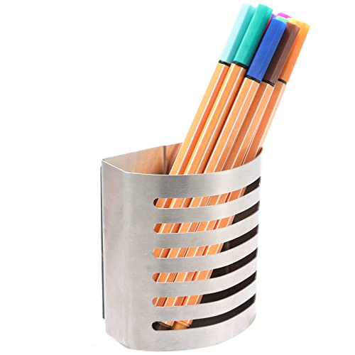 2 Pack Magnetic Modern Pen and Pencil Holder, Metal Writing Utensil Storage Organizer for Kitchen, Locker, Home, or Office, 3.25" x 1.75" x 3.50", Brushed Stainless Steel - view 5