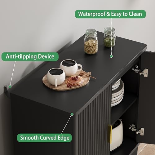 Fluted Sideboard Buffet Cabinet, 30" Wood Coffee Bar Cabinet, Black - view 5