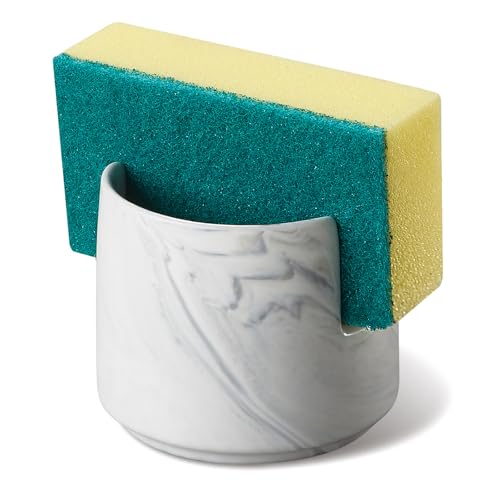 Ceramic Sponge Holder for Kitchen Sink, Dish Sponge Holder with Drain, Kitchen Sink Organizer for Sponge and Soap, Cute Ceramic Sink Holder, In Sink Sponge Storage for Kitchen Counter, Marble