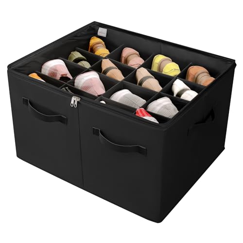 Shoe Organizer for Closet, Foldable Shoe Box with Adjustable Dividers and Clear Cover, Space Saving Shoe Storage Organizer Cabinet with Reinforced Handles, Fits 16 Pairs, Black, TP09B