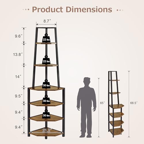 6 Tier Corner Shelf 69 Inch Industrial Bookshelf with Metal Frame, Multipurpose Tall Plant Stand with Opening Display Shelves for Living Room, Bedroom, Home Office, Small Space, Brown - view 2
