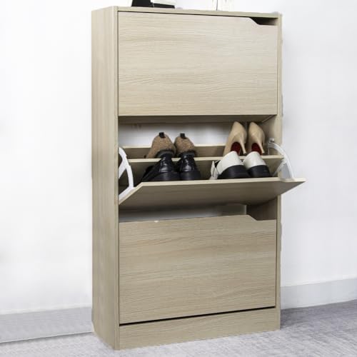 Shoe Rack in MDF Wood with 3 Doors Flip Shoe Storage Handles Double Depth Compact Size Slim 63 x 24 x 115 cm Space-Saving Home Entrance (Elm) - view 3