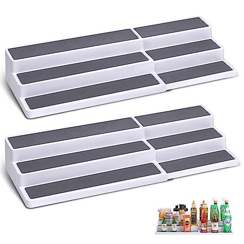 3 Tier Expandable Spice Rack Organizer, White/Grey Plastic Spice Rack, Adjustable Length 14.6In-25.8In, 2 Pack Non-Skid Tiered Spice Shelf Organizer for Kitchen Cabinet, Cupboard, Pantry