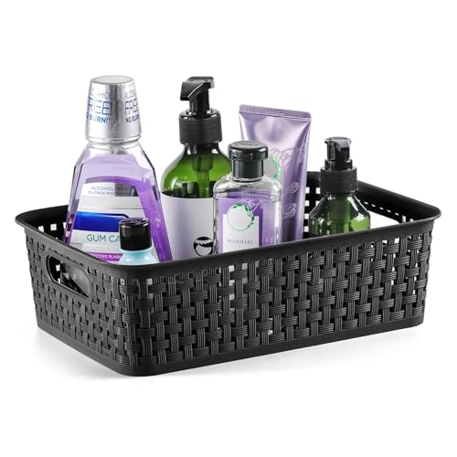 [12 Pack] Plastic Storage Baskets, Small Pantry Organization and Storage Bins, Household Organizers for Laundry Room, Bathrooms, Kitchens, Cabinets, Countertop, Under Sink or Shelves, Black - view 2