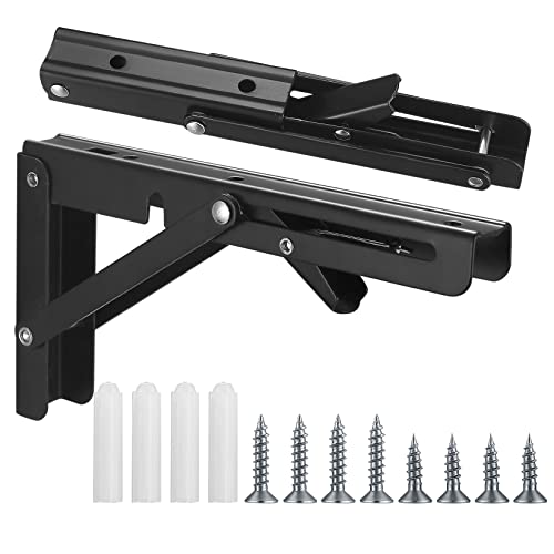 2 Pcs Folding Shelf Brackets, 10 Inch Heavy Duty Floating Triangle Shelf Brackets, Collapsible Shelves Brackets, Wall Mounted L Table Hinges Brackets for Bench Table with Screws (10 Inch)