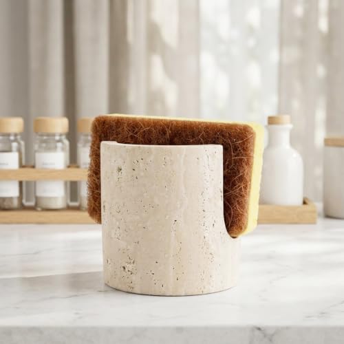 Natural Travertine Sponge Holder for Kitchen Sink, Wabi-Sabi Stone Sink Caddy Organizer, Instant Drying Marble Sponge Rack, Minimalist Aesthetic Decor & Housewarming Gift, Beige Porous Stone