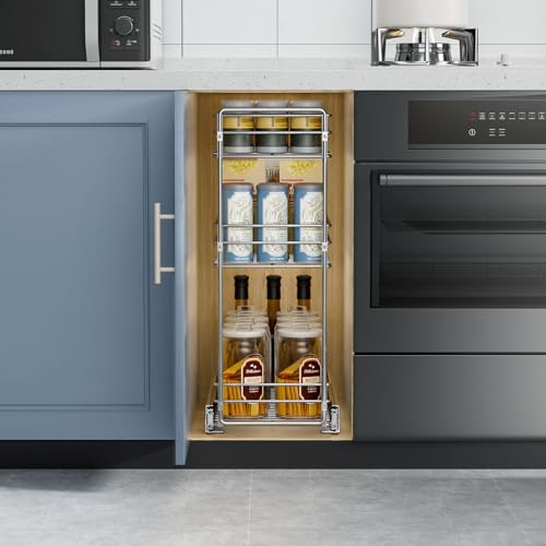 3-Tier Pull Out Cabinet Organizer for Narrow Cabinet (8.5" W X 20.5" D), Kitchen Cabinet Organizer and Storage Cabinet Pull Out Shelves Under Cabinet Storage for Kitchen, Chrome - view 5