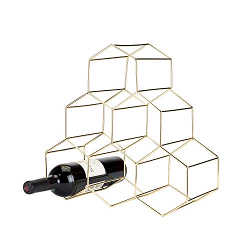 Geo Countertop Wine Rack, 6 Bottle Freestanding Modern Metal Hexagon Bottle Organizer and Wine Holder Stand for Kitchen Counter, Pantry Cabinet Storage, Tabletop and Home Decor Gifts, Gold