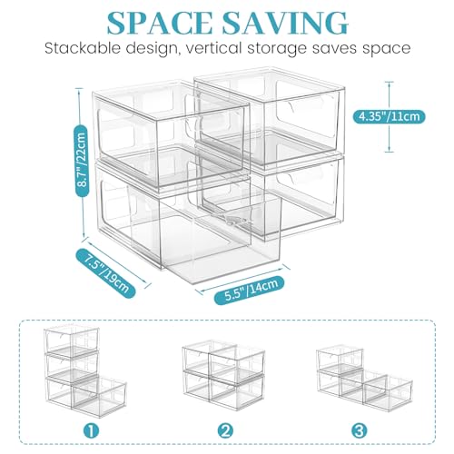 4 Pack Stackable Plastic Makeup Organizer Drawers, Acrylic Organizers, Clear Storage Bins with Pull-Out Handles for Vanity, Kitchen Cabinets, Pantry - view 3