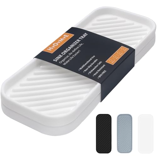 Silicone Organizer Tray, Soap and Sponge Holder for Kitchen Sink, Bathroom - Storage Tray for Dish Brush, Soap Dispenser, Dishwashing Accessories- 2 Pack (White)
