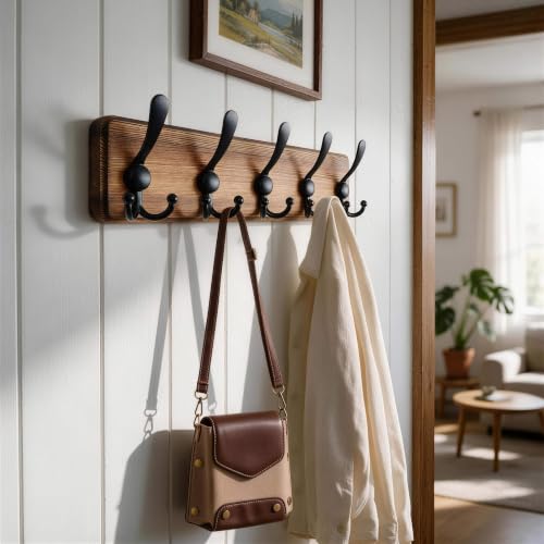 Coat Rack Wall Mounted - 5 Tri Hooks, Heavy Duty, Wooden Wall Coat Hanger Coat Hook for Clothes Hat Jacket Clothing, Natural & Black - view 2