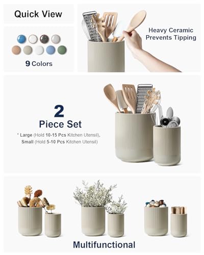 Ceramic Kitchen Utensil Holder for Counter, 7.3/5.4", Oatmeal Gray - view 2
