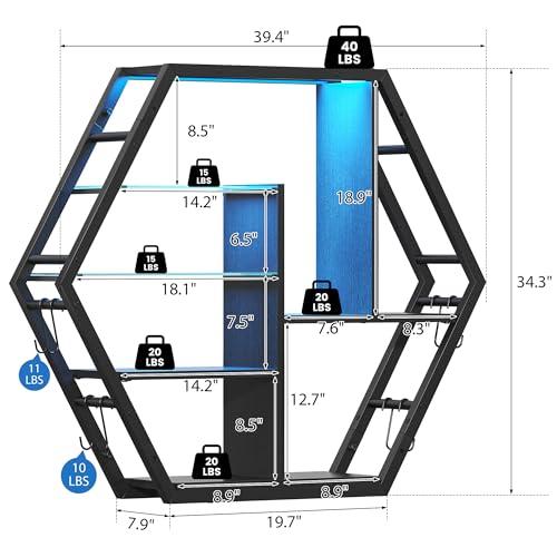 39" Wide LED Gaming Floating Shelves, 5 Tier Wall Mounted Shelves with 2 Removable Glass Shelves, Coffee Bar Rack with 8 Hooks, Display Rack for Wall Storage for Gaming Room, Black - view 2