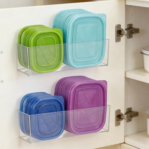2 Pack Kitchen Cabinet Door Organizer, Lid Organizer Inside Cabinet Wall Mounted Plastic Storage Box Stackable Under Sink Lunchbox Lid Container for Kitchen Bathroom Office Organization