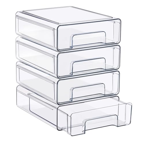 Clear Stackable Storage Drawers with Handles (Medium, 4 Pack)