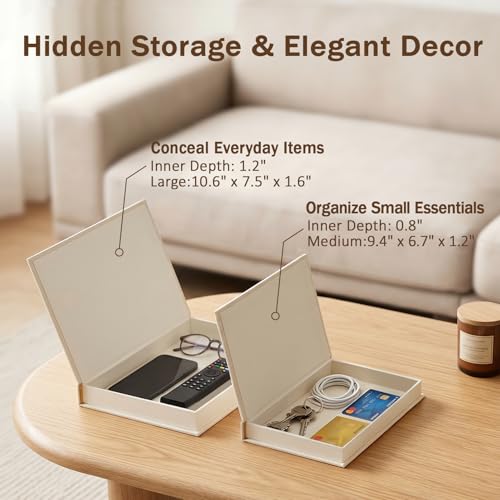 Linen Decorative Book Storage Boxes - Set of 2 Faux Books for Coffee Table Decor, Neutral Fake Book Props for Hiding TV Remotes & Entryway Styling (Khaki & Off-White) - view 6