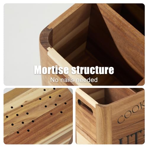 Utensil Holder for Kitchen Countertop - Extra Large 4 Compartment Wooden Organizer in Acacia Wood, Storage for Cooking Tools and Cutlery, Farmhouse Style for Home Cooking - view 2