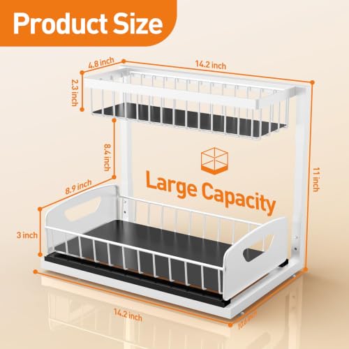 Under Kitchen Sink Organizer, Metal Pull Out Bathroom Organizers and Storage, 2-Tier Cabinet Organizer Shelf with Sliding Drawer, Home Organization for Kitchen, Laundry, Pantry, White, 2 pack - view 2