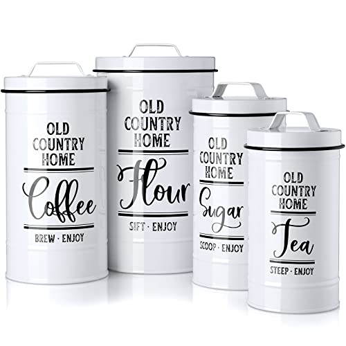 Canisters Sets for the Kitchen, Airtight Kitchen Canisters for Countertop, Flour and Sugar Containers, Tea Coffee Sugar Canister Set, Coffee Bar Decor and Accessories, Set of 4, White