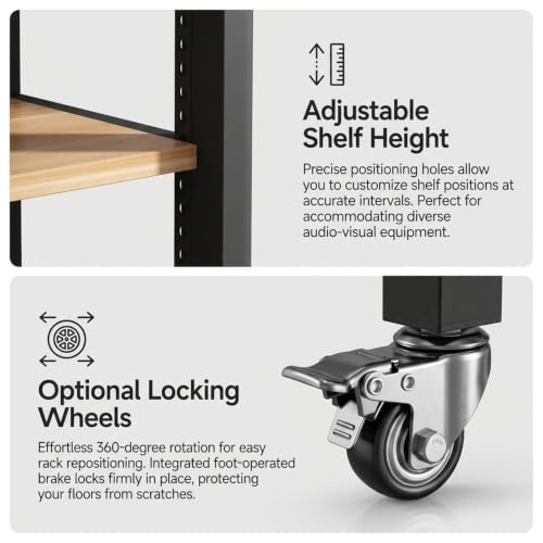 HiFi Stereo Rack with 4 Adjustable Shelves Rolling Design for Easy Mobility Perfect for Home Audio & Entertainment Systems Sturdy & Stylish Storage Solution - view 5