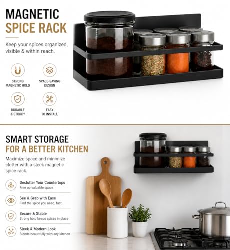 Magnetic Spice Rack Set of 2, Wall Mount or Refrigerator Organizer, Black Matte Steel Kitchen Shelf, Strong Magnetic Back, Drill or No-Drill Installation, Space Saving for Kitchen Organization - view 4