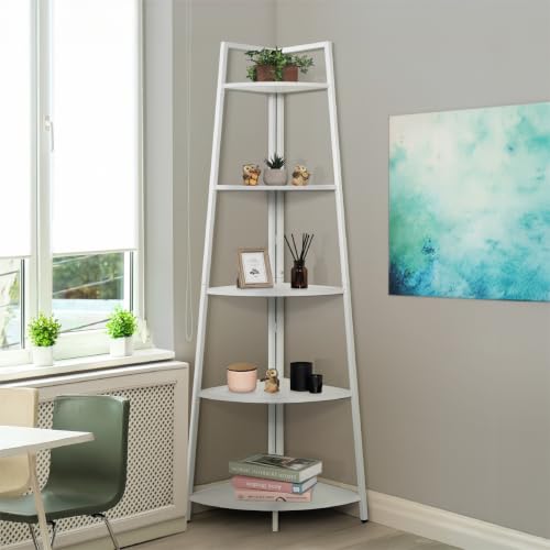 5-Tier Corner Shelf Stand, Tall Display Shelves, Ladder Corner Wood Storage Plant Bookshelf with Metal Frame, Versatile Shelving Unit Bookcase for Home Office Space, White