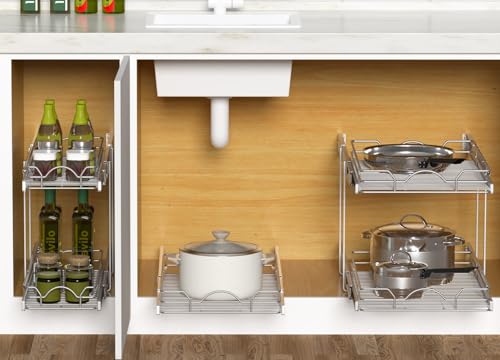 Pull Out Cabinet Organizer 2 Pack (12" W x 21" D), Pull out Shelves 1 Tier, Cabinet Slide Out Shelves for Base Cabinet Organization in Kitchen Bathroom Pantry, Bottom Mount, Chrome Finish - view 7