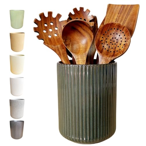 Large Stoneware Kitchen Utensil Holder for Kitchen Counter & Countertop Cooking Utensil Holder Spatula Holder Utensil Crock for Kitchen Counter Vertical Ribbed Fluted Stripe (Retro Bronze)