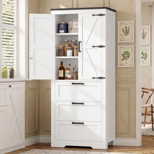 Storage Cabinet, Pantry Cabinet with 1 Adjustable Shelve & 3 Drawers, Kitchen Pantry Cabinet with 2 Doors, Bathroom Storage Cabinets, Tall Cabinet for Living Room, White - view 5