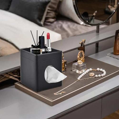 Tissue Box Cover Square Tissue Box Holder PU Leather Facial Tissues Organizer with Storage Tray for Bathroom Vanity Bedroom Office Car, Stylish Napkin Caddy Decorative Organizer (Black) - view 2