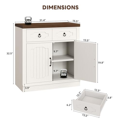 Buffet Cabinet with 2 Drawers, 32" Sideboard Buffet Storage Cabinet with Doors and Shelves, Farmhouse Coffee Bar Station Kitchen Cabinet for Dining Room, Living Room, Entryway, White - view 2