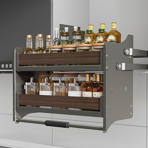 2-Tier Heavy-Duty Pull-Down Shelf Organizer for Kitchen & Bar, Space-Saving Cabinet System with 4-Bearing Support (41x26x53cm) - Efficient Storage Solution