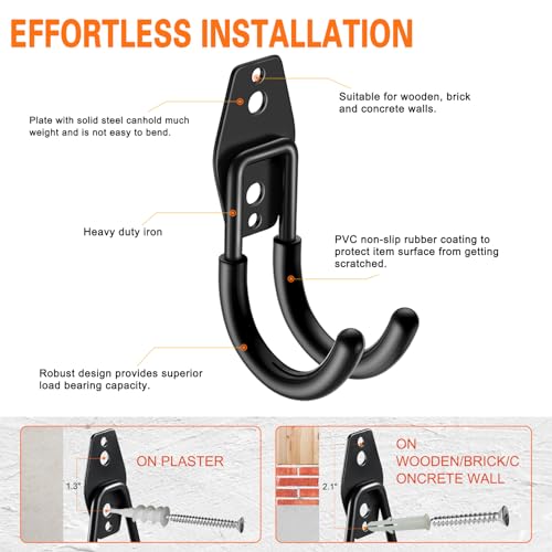 Heavy Duty Garage Hooks 6 Pack, J Shaped Hanger, Wall Mounted Storage System, Power and Garden Tool Organizer, for Hanging Ladders, Bikes Tires, Hose, Bulk Items - view 3